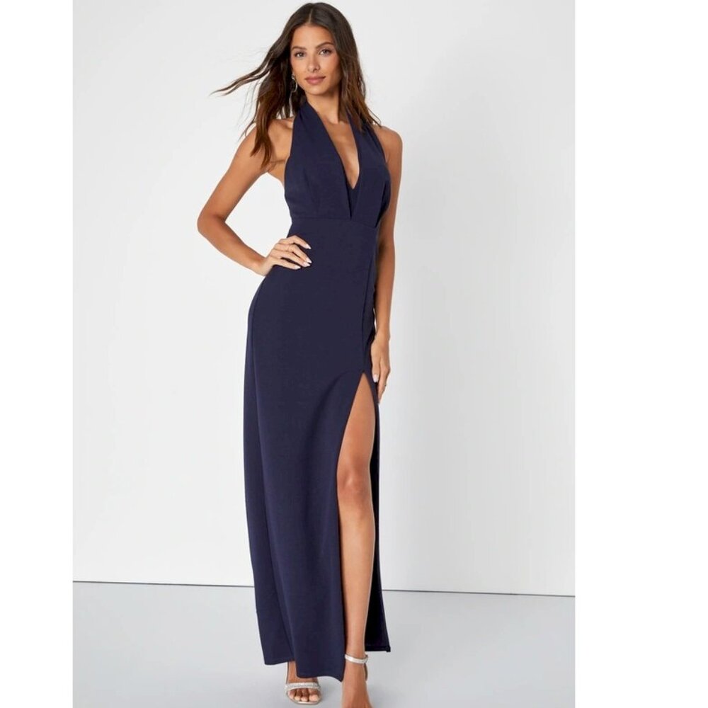 Lulus Completely Mesmerizing Navy Blue Pleated Halter Maxi Dress Size Large NWOT - Picture 4 of 6